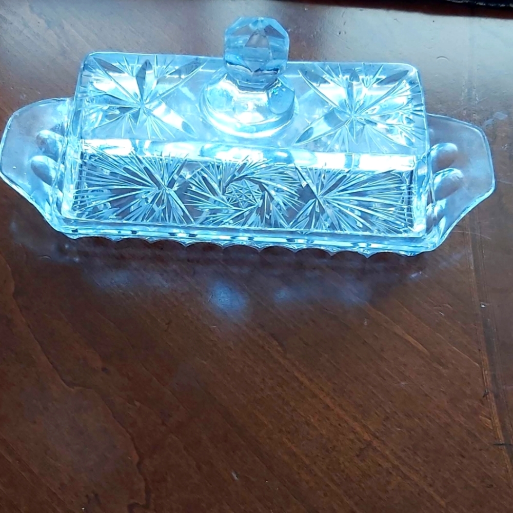 Clear Cut Glass Butter Dish with Lid